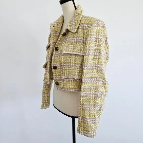 Zara Beige & Yellow Textured Cropped Blazer Button Down Size Large